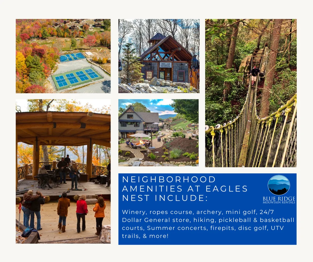 This vibrant exterior shot highlights the ropes course, archery area, an outdoor stage for concerts, luxury cabins, and a mini golf course. Lush greenery surrounds the adventure amenities, and communal open spaces invite families to gather, play, and explore together.