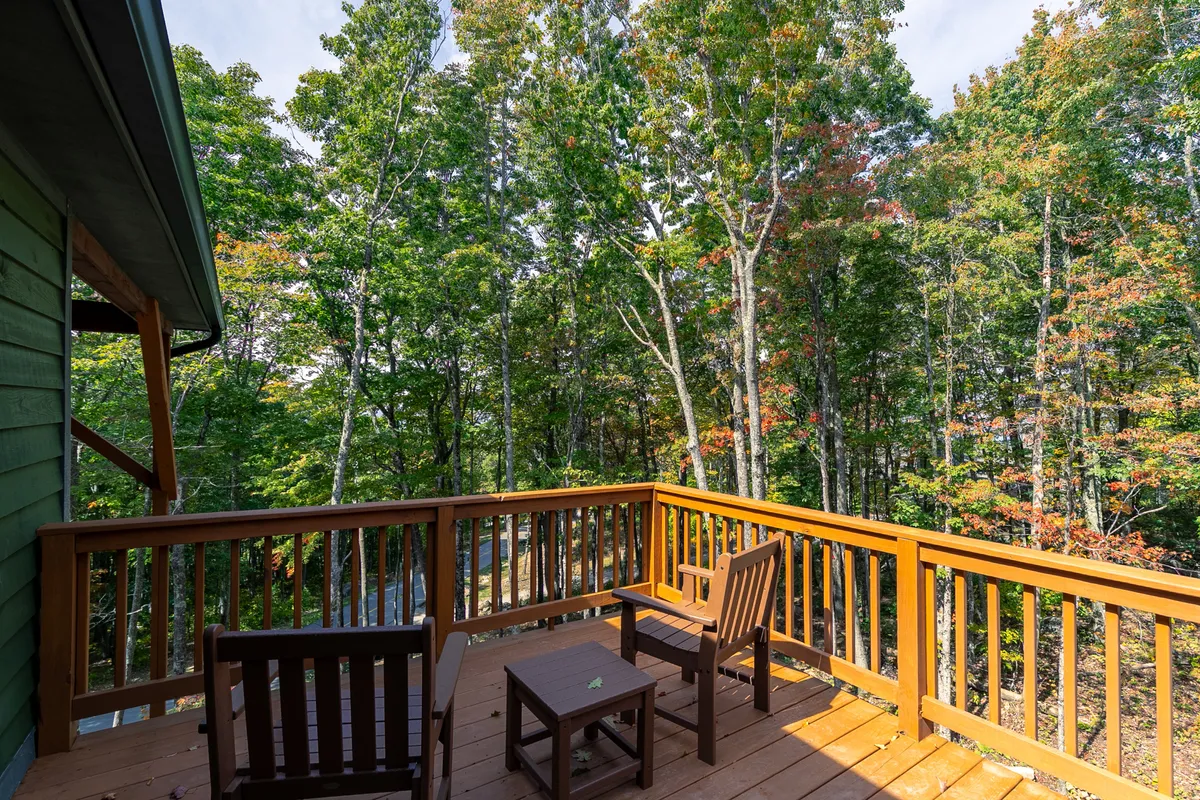 A spacious wooden deck surrounded by lush trees, outfitted with comfortable outdoor furniture. The area exudes tranquility and offers a private spot for relaxing, stargazing, or socializing with friends and family while immersed in nature.